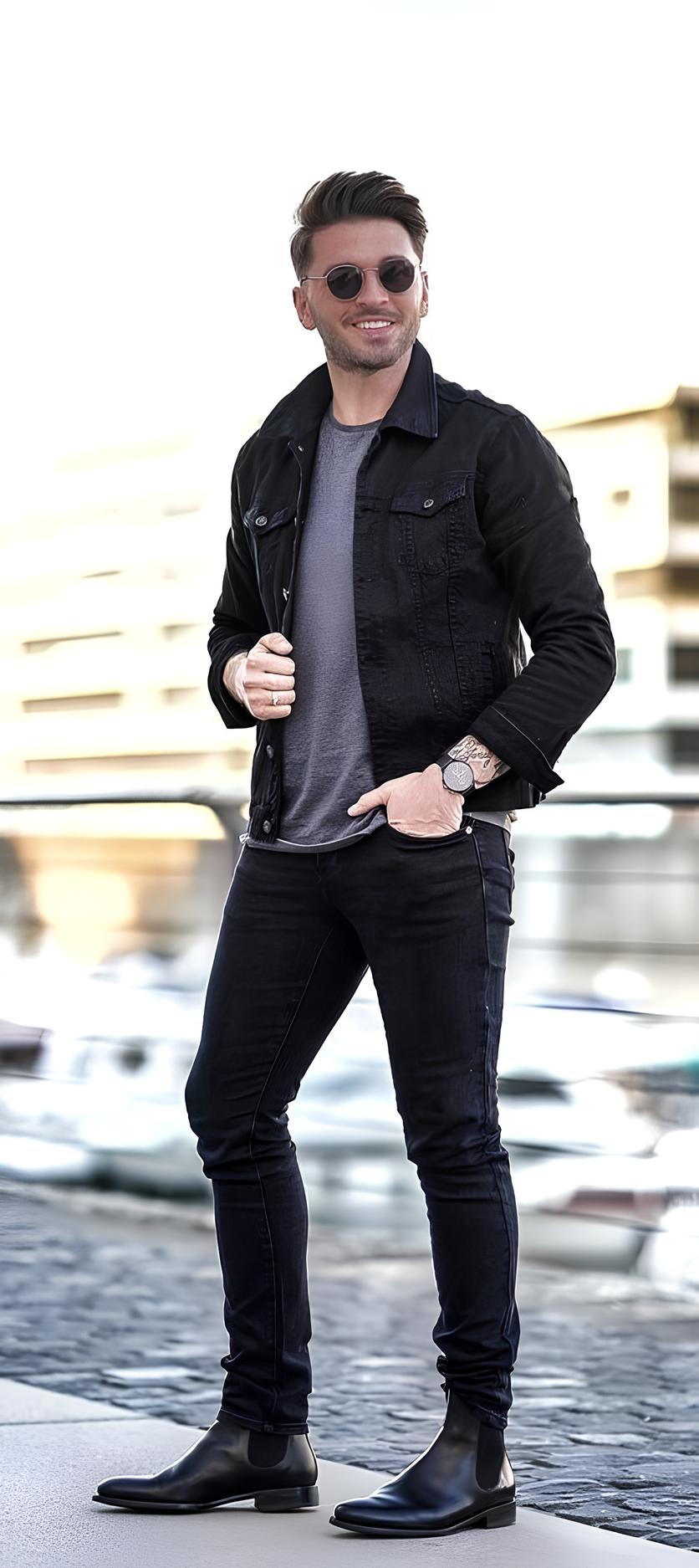 Black denim jacket combination for men