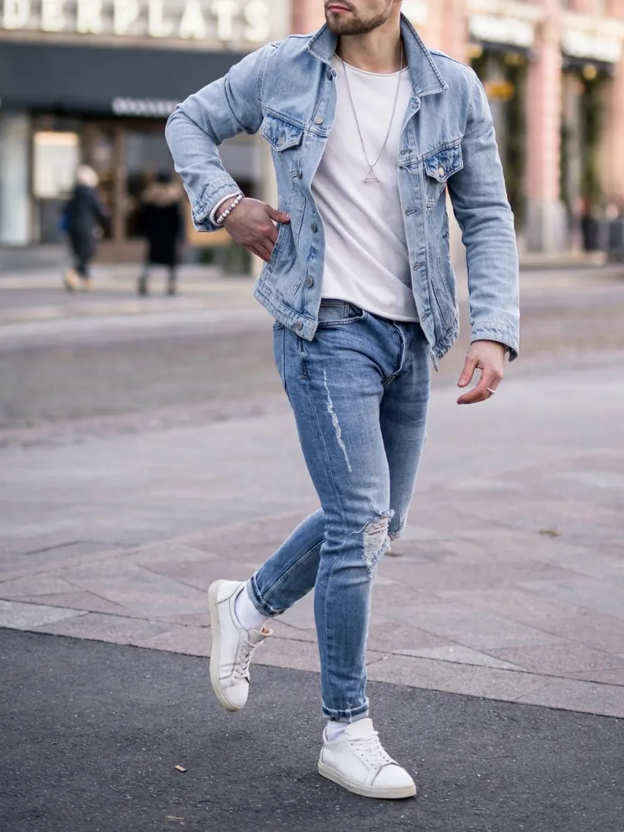 sky blue denim jacket combination for men