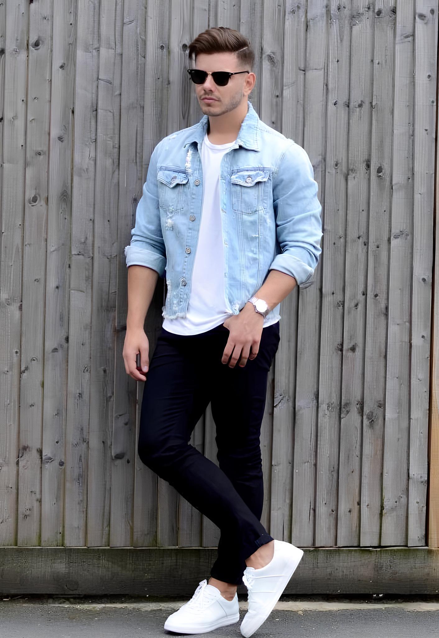 light blue denim jacket combination for men