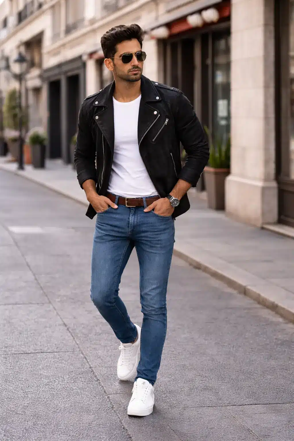 white shirt with layered jacket