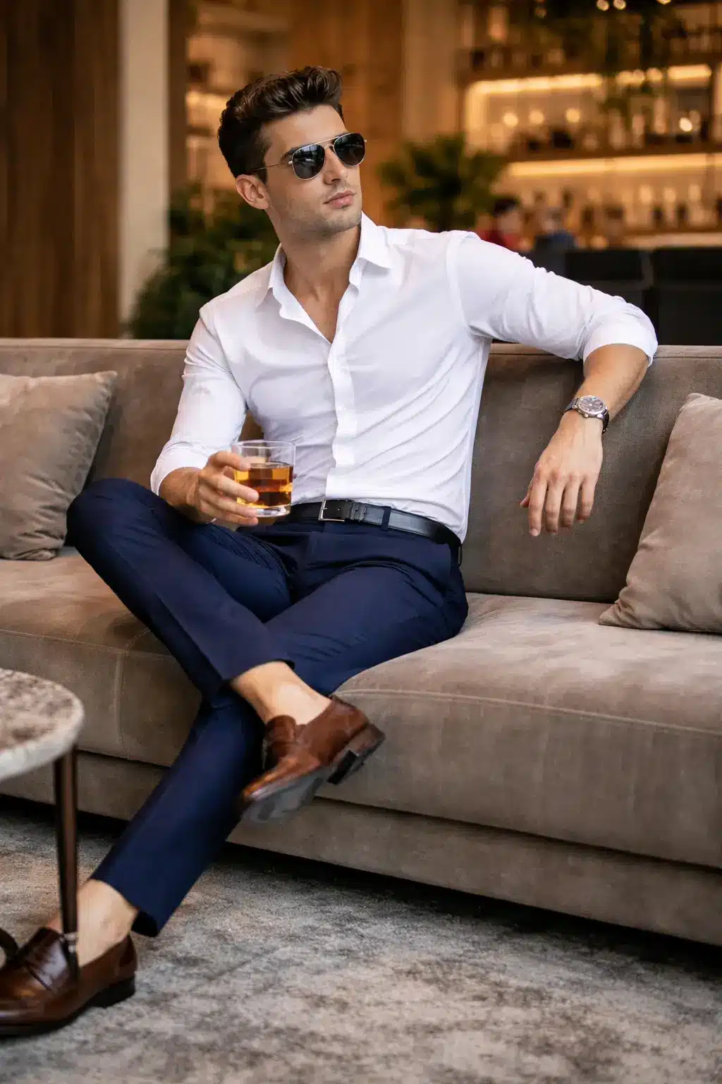 white shirt with navy trousers