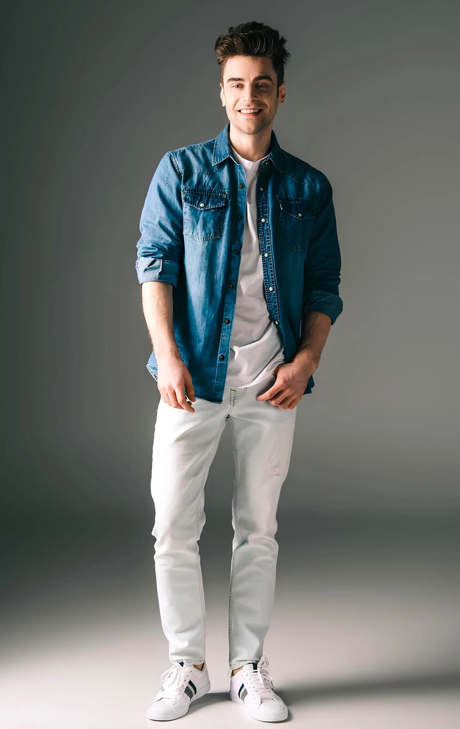 white jeans combination with blue denim shirt