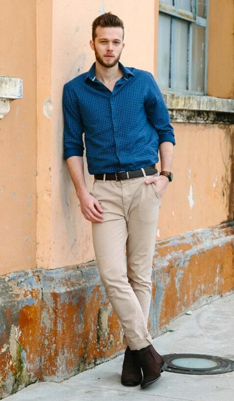navy blue shirt with beige pants combination