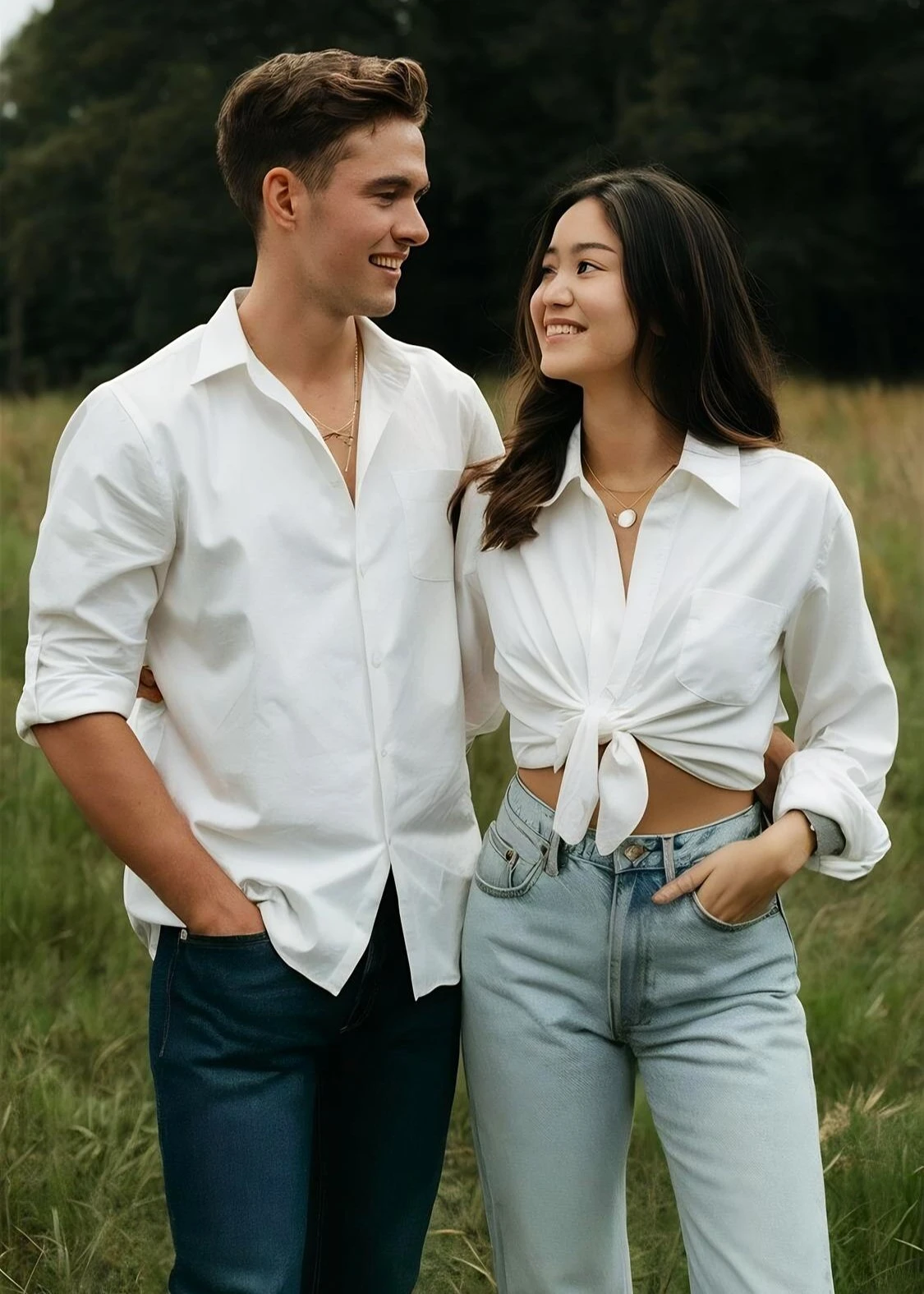 white shirt and blue jeans couple look