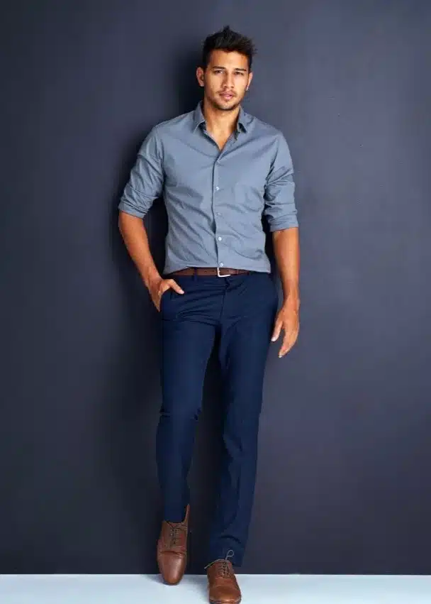 light blue shirt with dark trouser