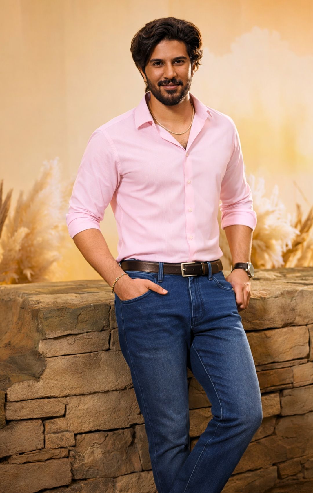 light pink shirt with blue jeans