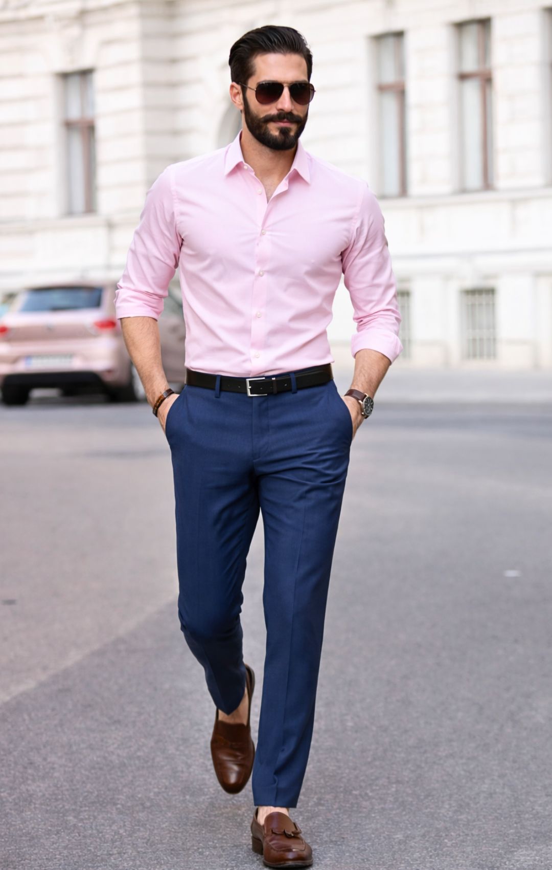 light pink shirt with navy blue pant