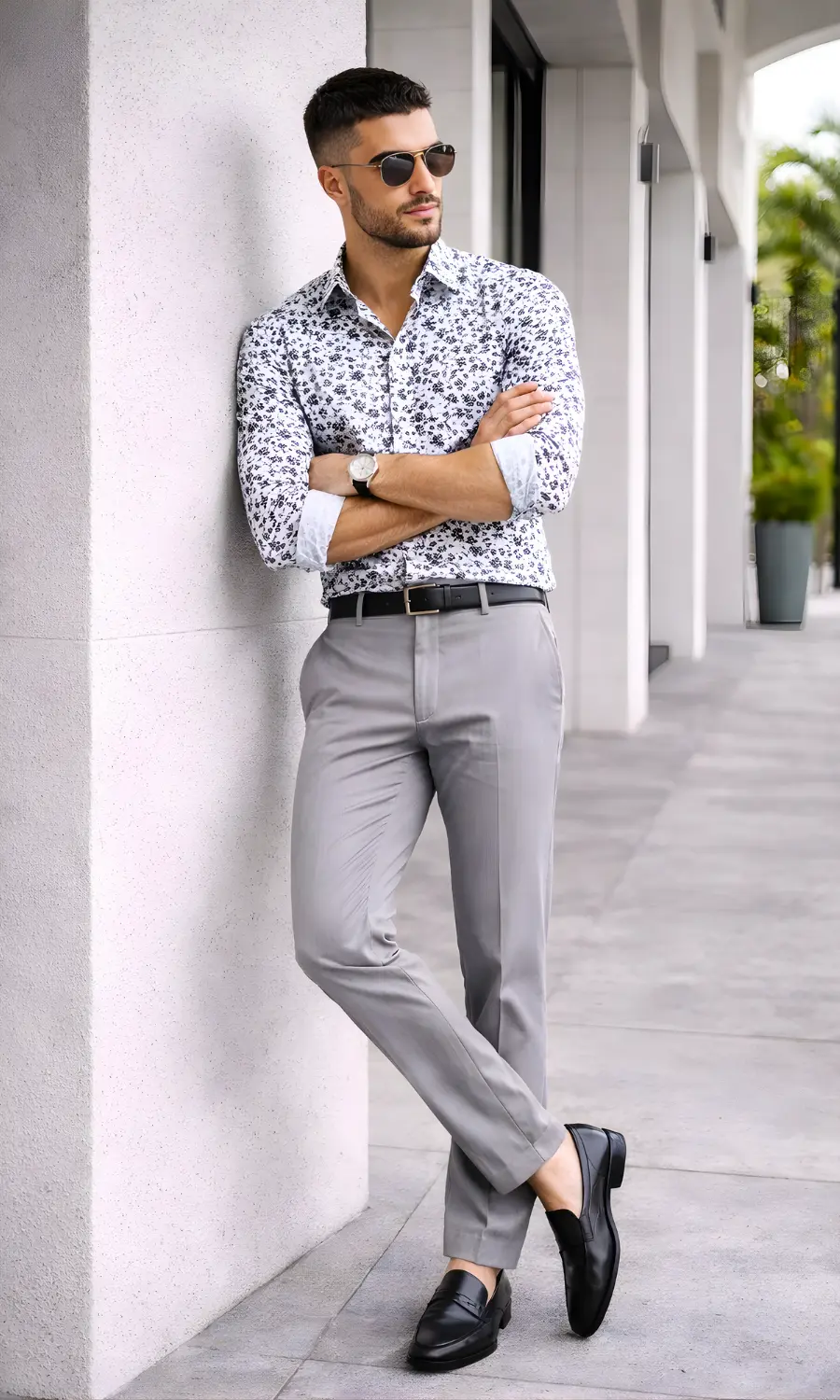 patterned shirt with grey pants combination