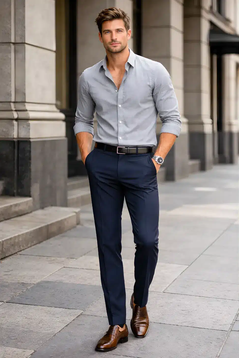 grey shirt with navy pant