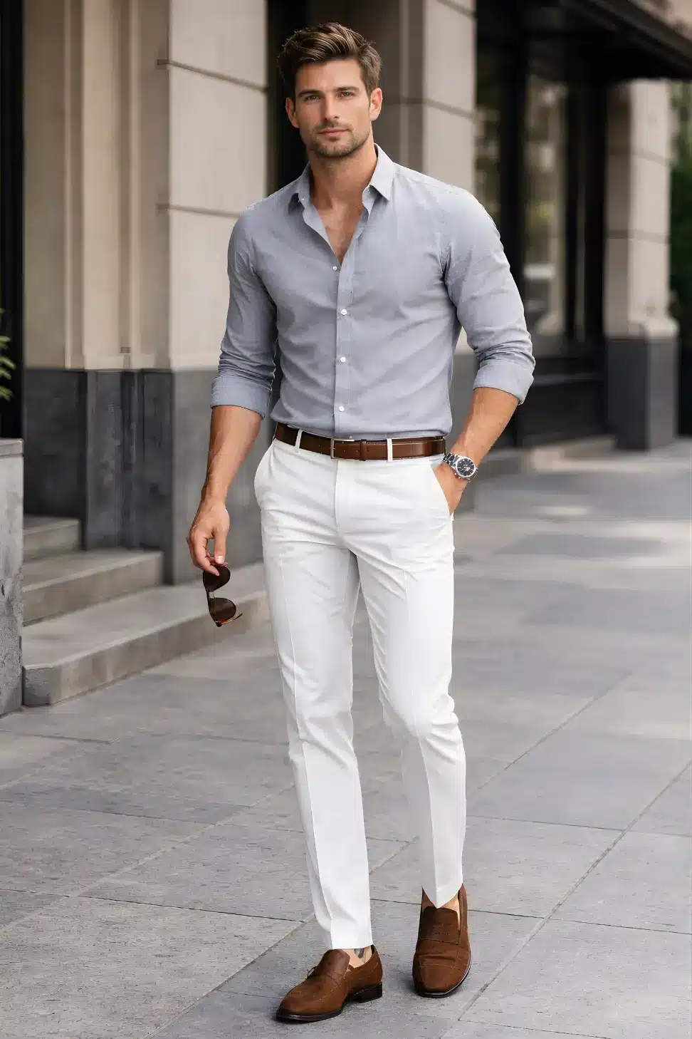 grey shirt with white pant