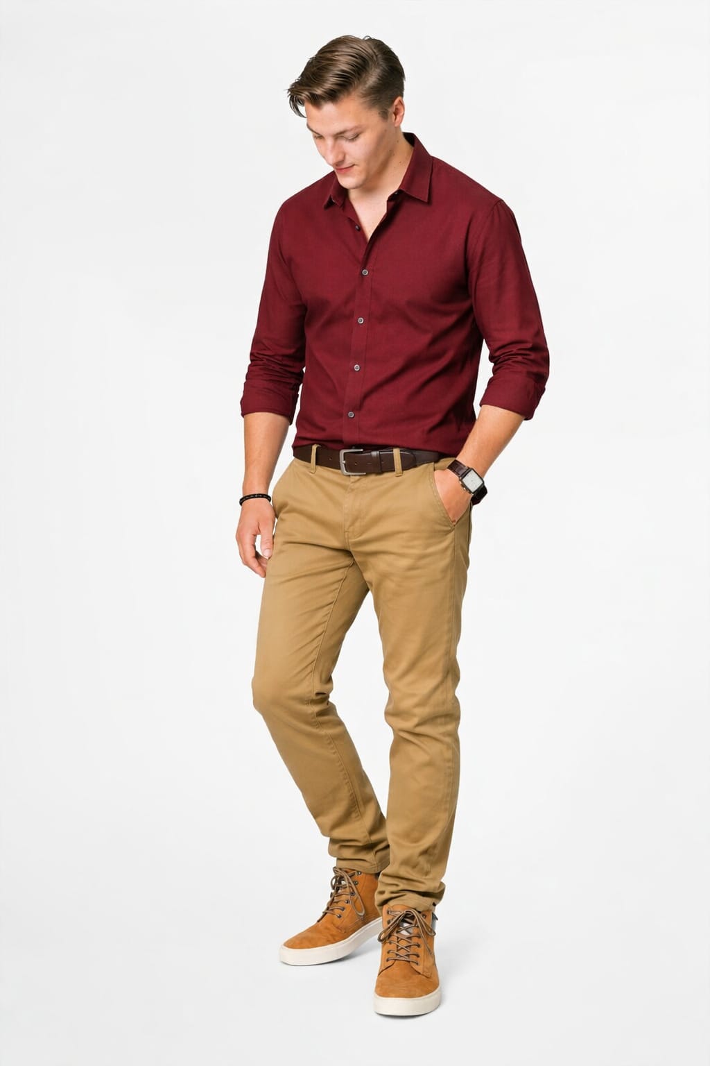 maroon shirt with beige pant