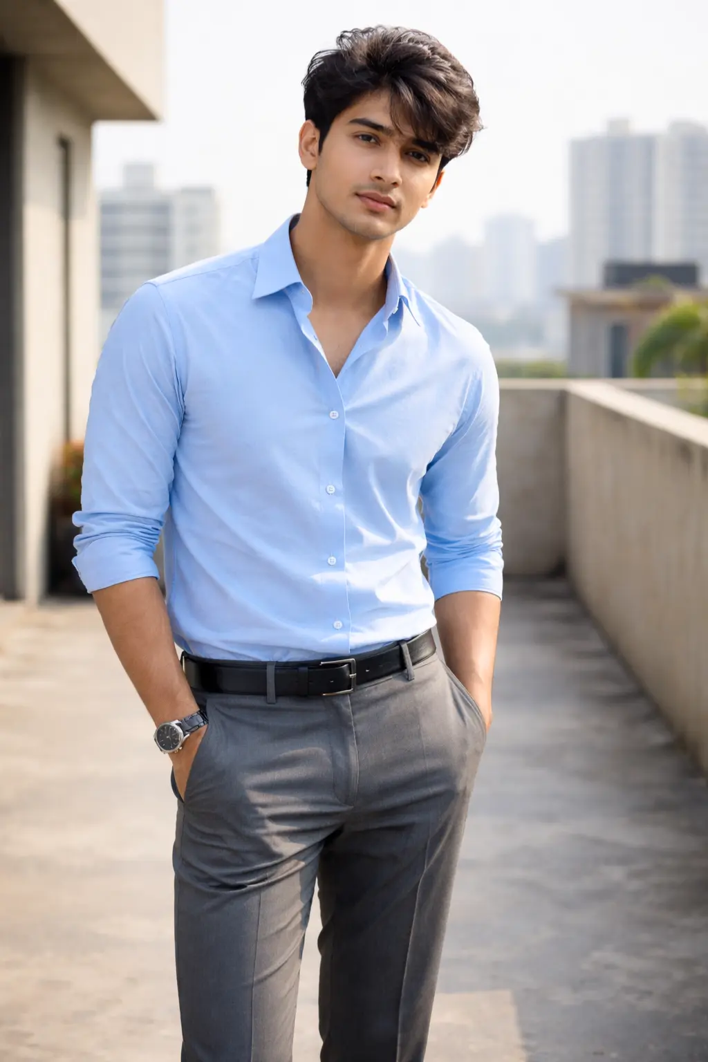sky blue shirt with grey pants look
