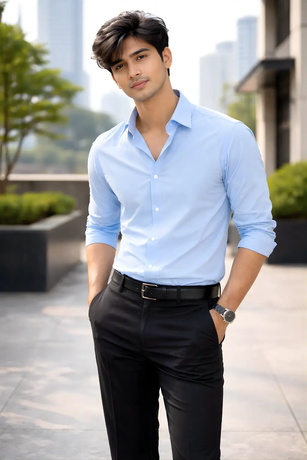 sky blue shirt with black pant look