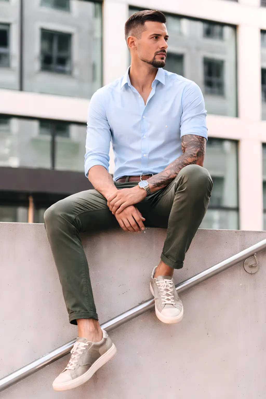 sky blue shirt with green pant look