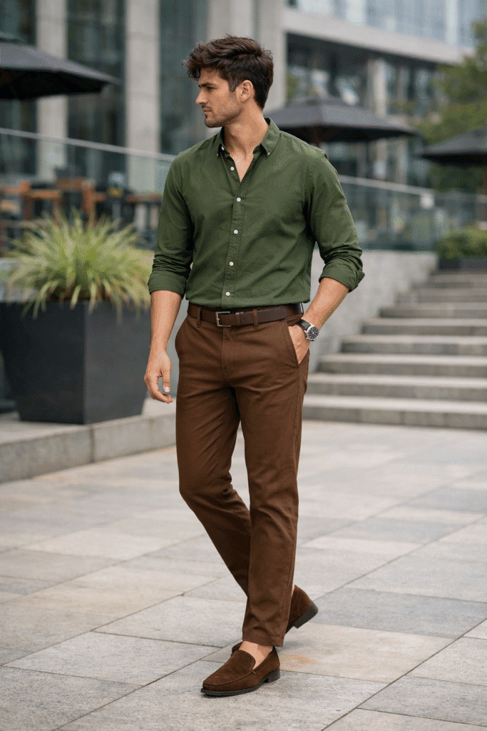 Brown Pant with Green Shirt Combination