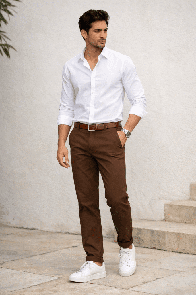 Brown Pant with White Shirt combination