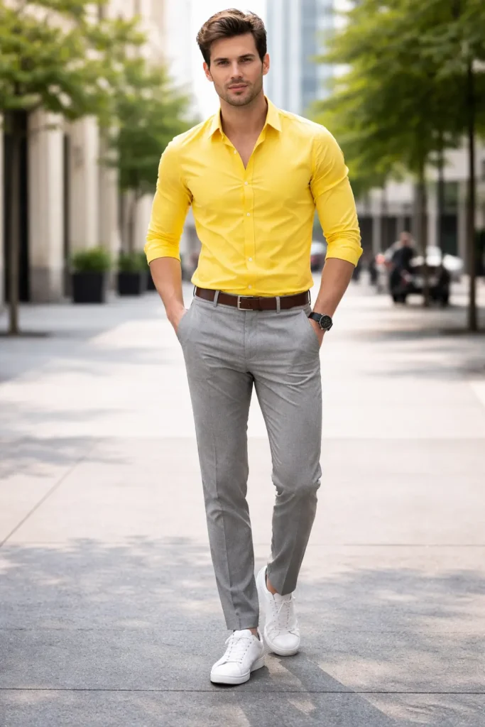 Yellow Shirt with Gray Pant Combination