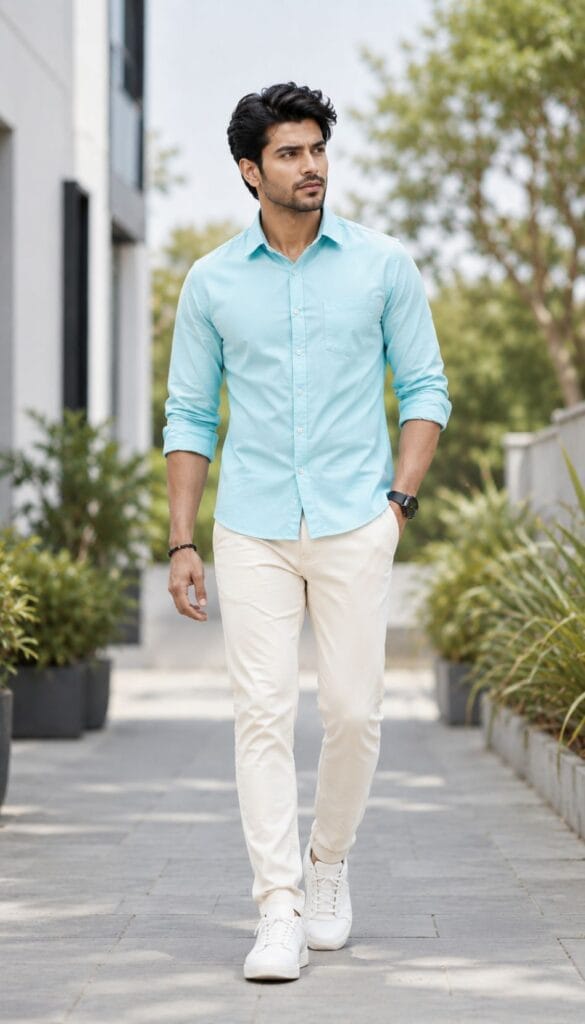 sky blue shirt with cream colour pant look