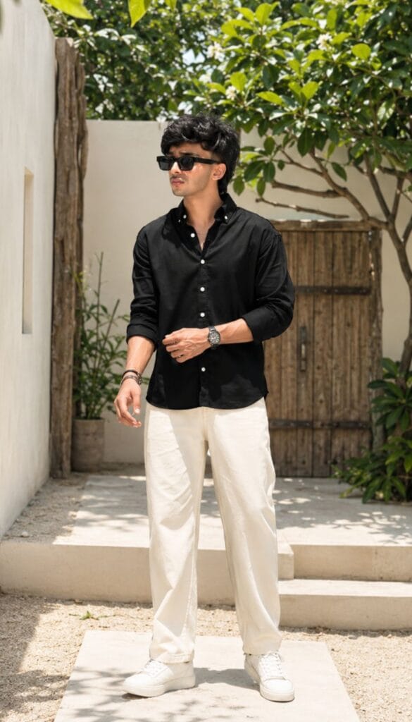 black shirt with cream colour pant look