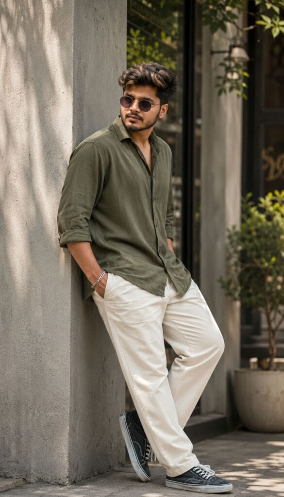 olive green shirt with cream colour pant look