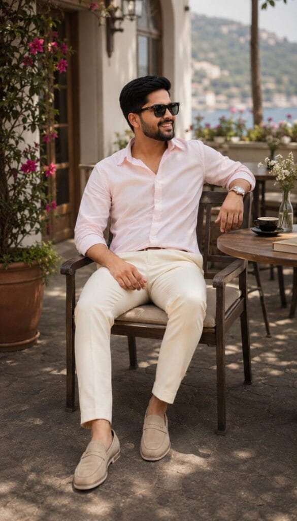 pastel shirt with cream pant outfit look