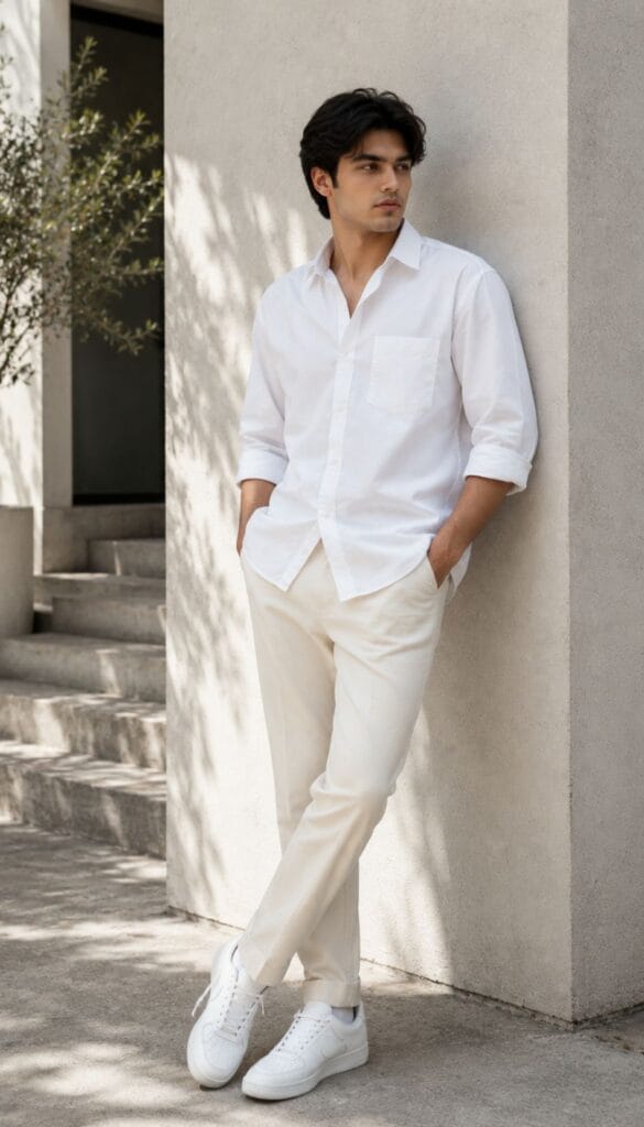 white shirt with cream pant look