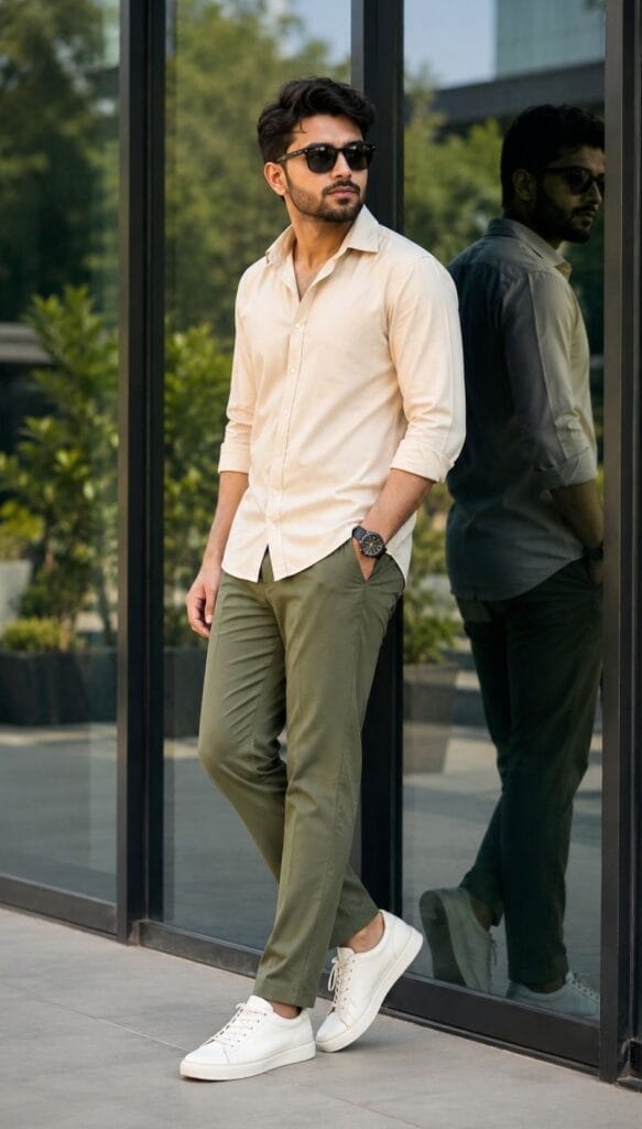Cream Shirt with Olive Green Pant