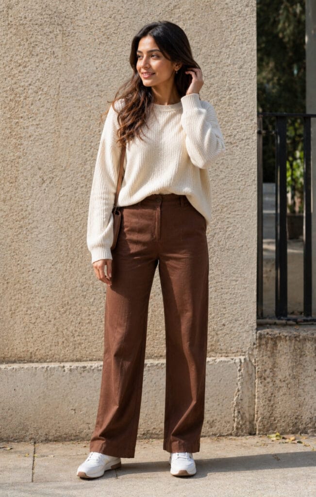 Cream Sweater with Brown Pant Combination for Females