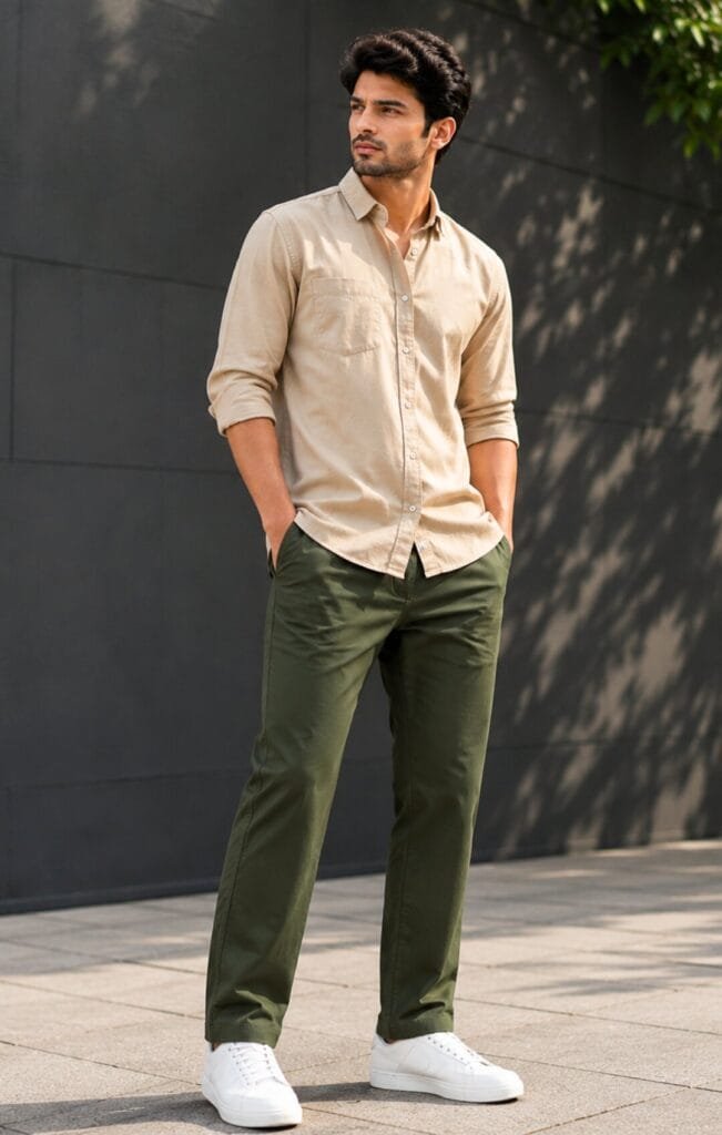Beige shirt with dark green pant combo