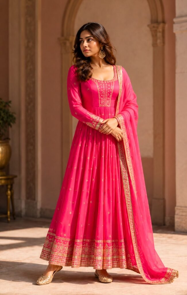Bright Pink Anarkali With Gold Details for Girls