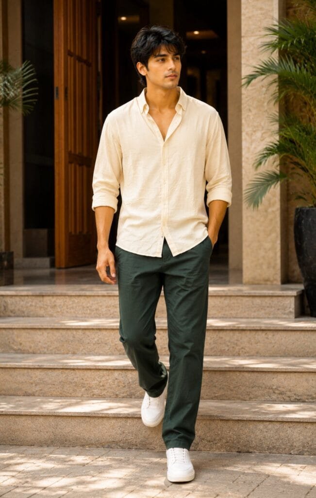 Cream shirt with dark green pant combination