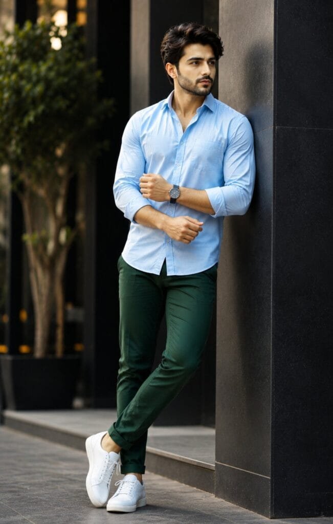 A man wear light blue shirt with dark green pant combo