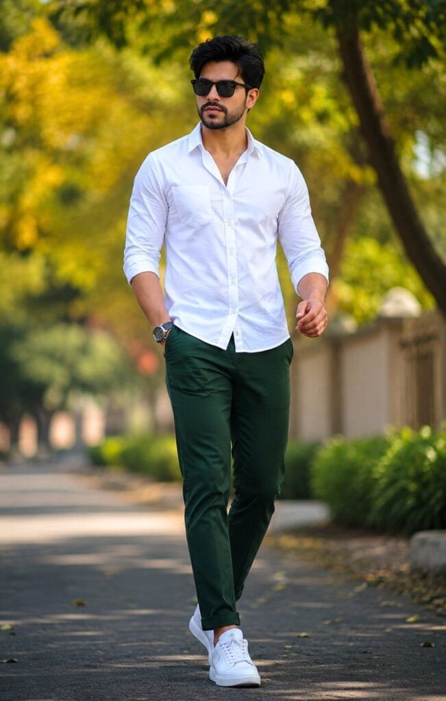 Man wear white shirt with dark green pant