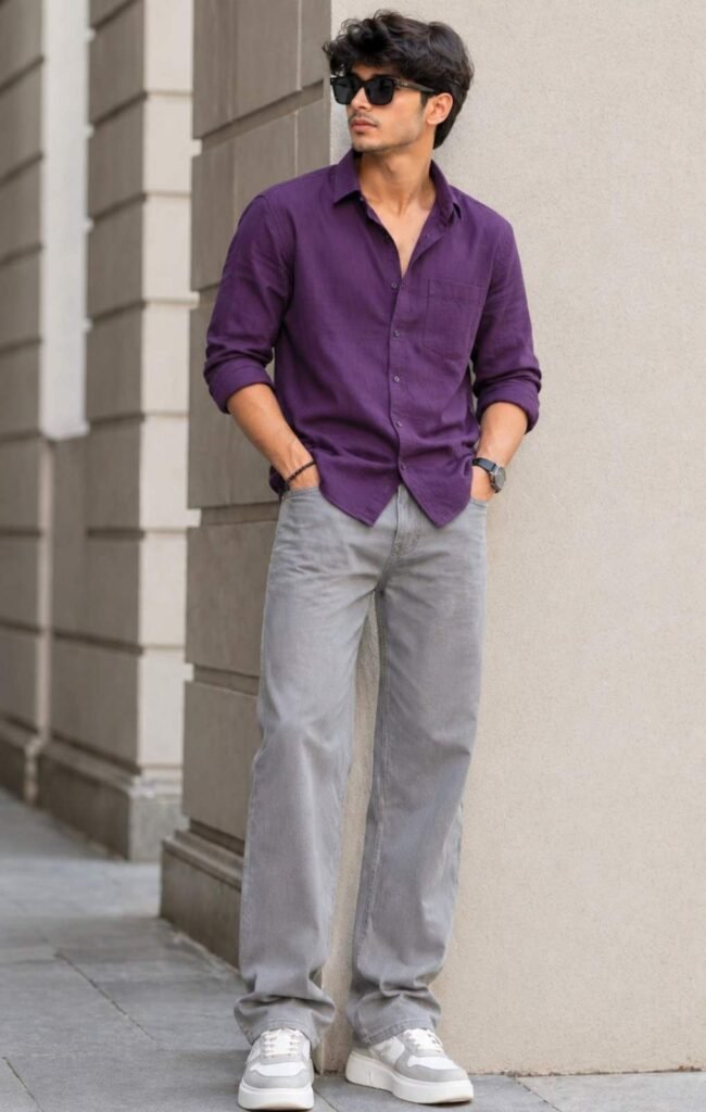 Purple Shirt with Grey Pant Combination
