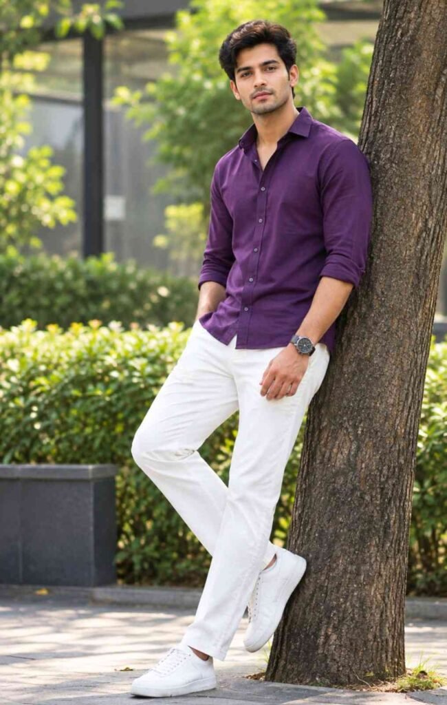 Purple Shirt with White Pant Combination
