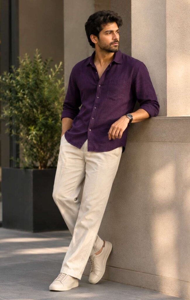 Purple Shirt with Beige Pant Combination