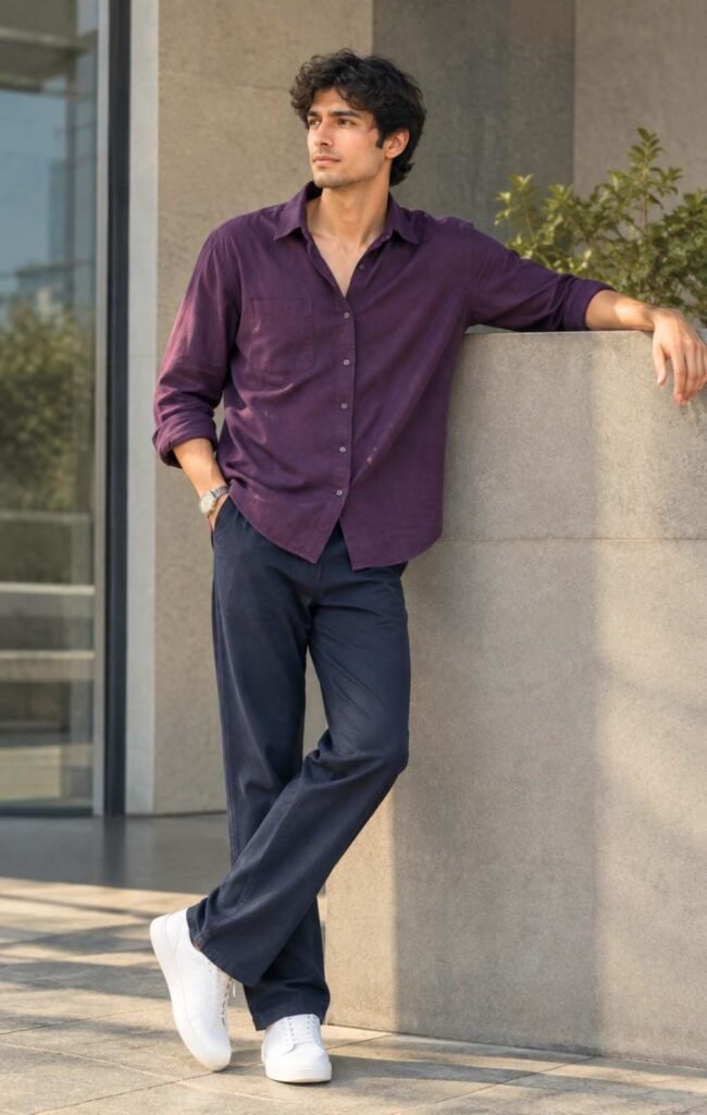 Purple Shirt with Navy Pant Combination