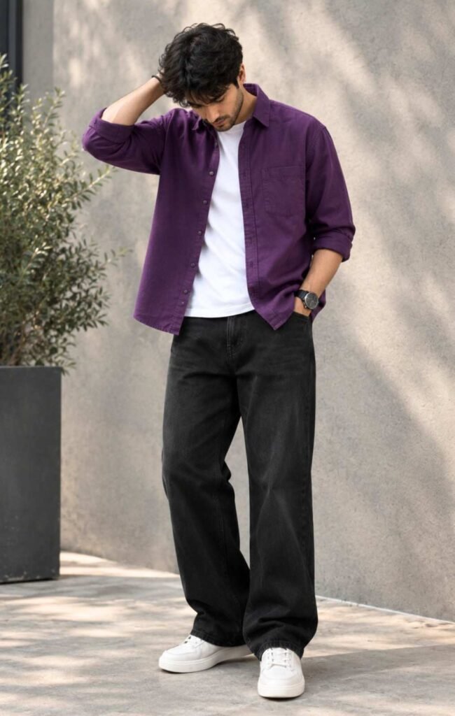 Purple Shirt with Black Pant Combination