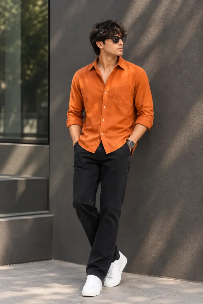 Orange colour shirt with Black Pant for Men