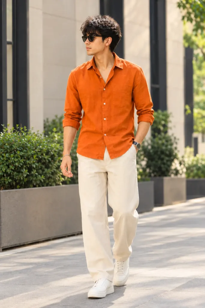 Orange colour shirt with Cream Pant Combination for men