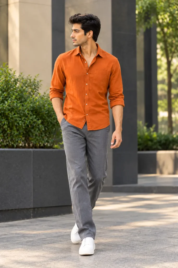 Orange colour shirt with Charcol Grey Pant Combination for Men