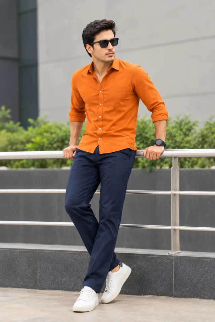 Orange colour shirt with Navy Blue Pant Combination for men