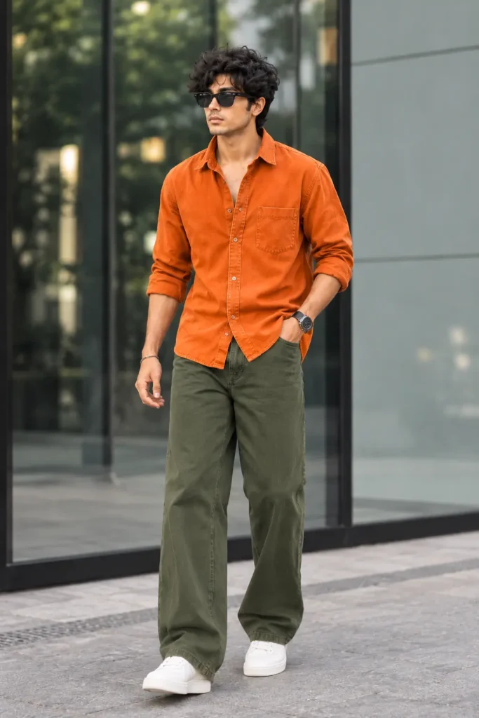 Orange colour shirt with Olive Green Pant for Men
